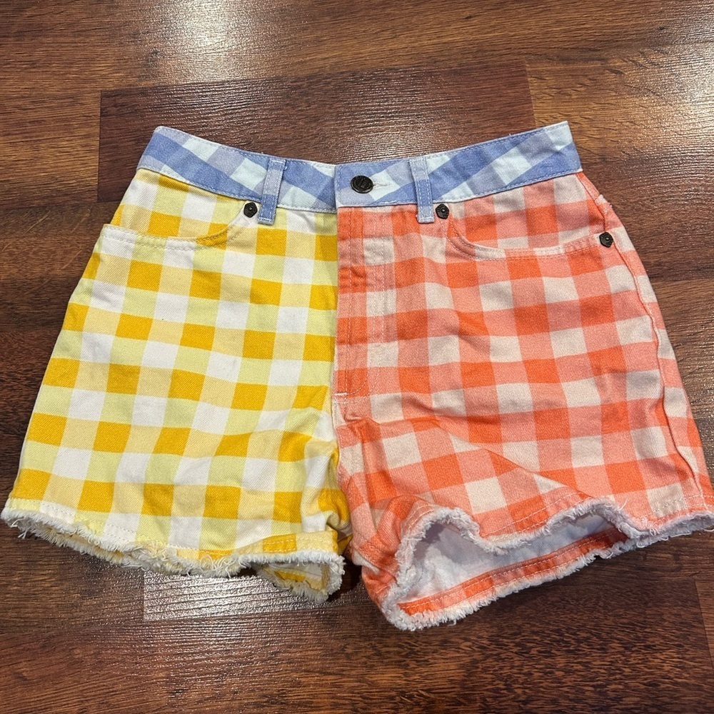 FARM Rio x Anthropologie Gingham Shorts Womens XS Yellow Orange Checkered